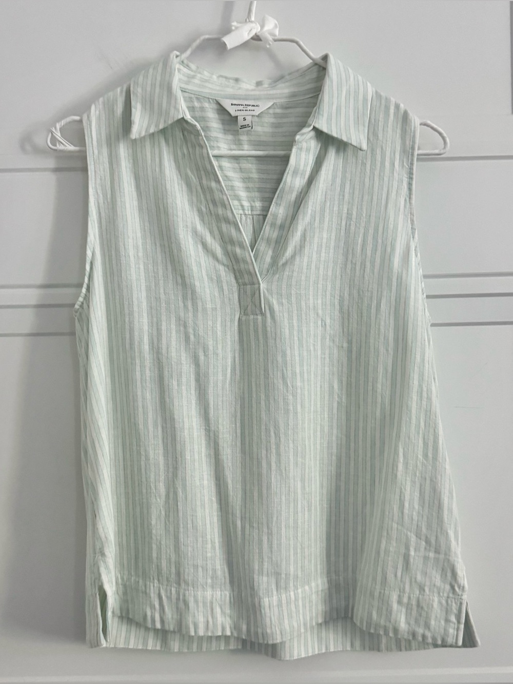 Banana Republic Sleeveless Striped Linen-Blend Top Green and White, S